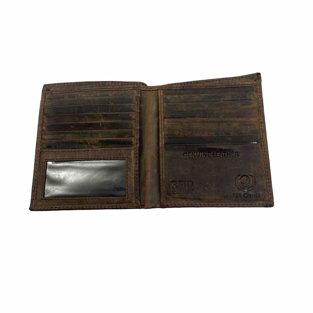 F&L Classic‎ Brown Genuine Leather Bifold Wallet RFID Safe Vintage